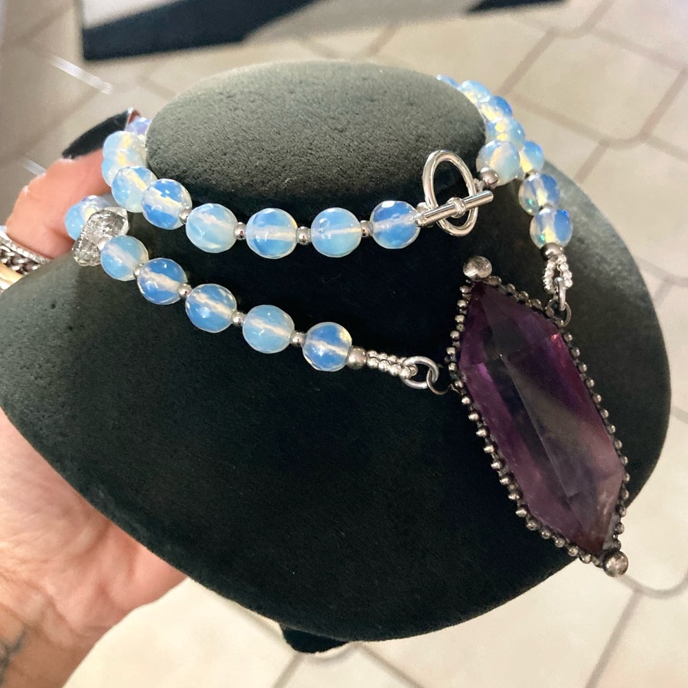 Amethyst , Herkimer diamonds crystal quartz & blue opalite beads boho necklace - Picture 9 of 16